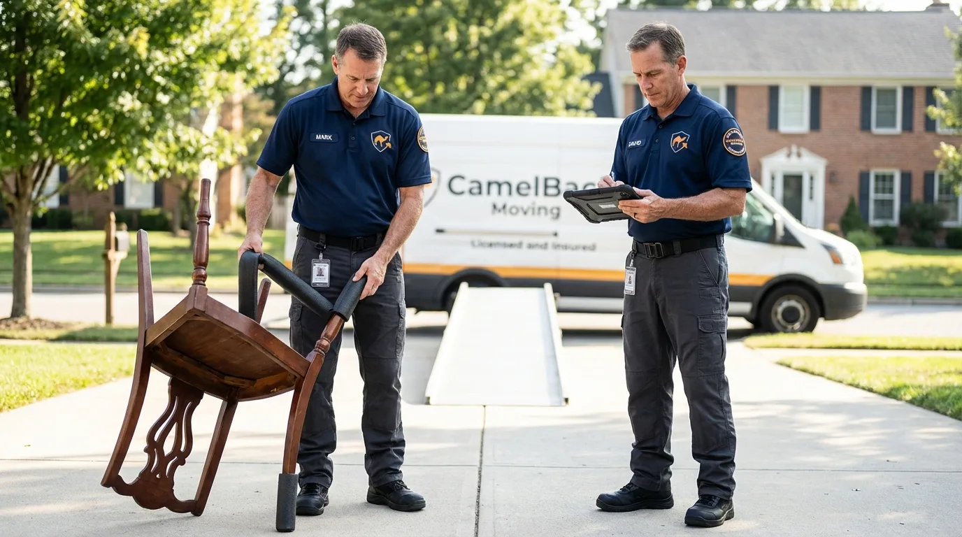 Movers inspecting furniture for damage prevention before loading in Stillman Valley, IL