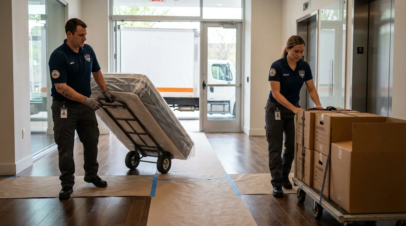 Professional apartment movers loading elevator in Stillman Valley, IL