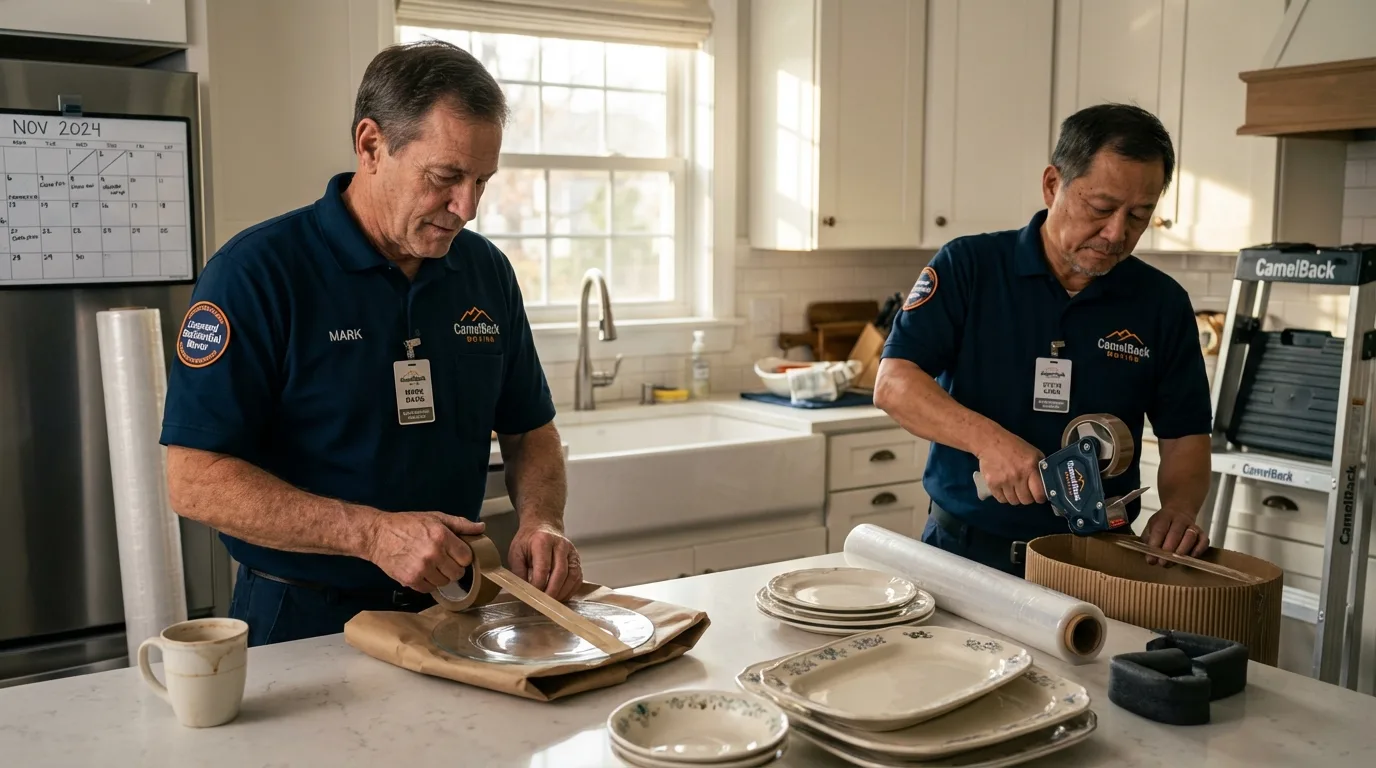 Professional crew packing kitchen dishware in Stillman Valley, IL